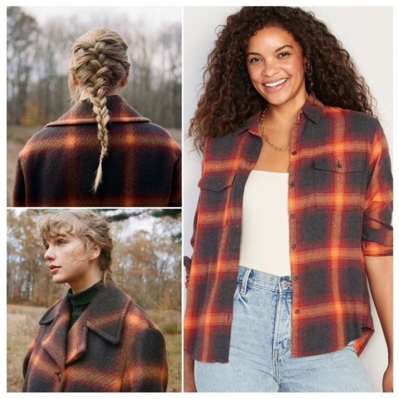 Old Navy Tops - Old Navy Boyfriend Swiftie Evermore Plaid Flannel Button Down Shirt Size XL